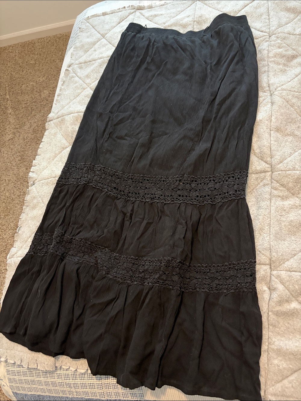 Faded Glory Black Maxi Skirt with Crochet Panels